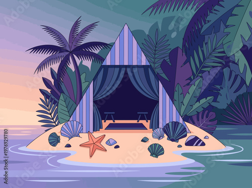 Tropical Island Glamping Tent Illustration at Sunset - Luxury Beach Camping with Palm Trees and Shells