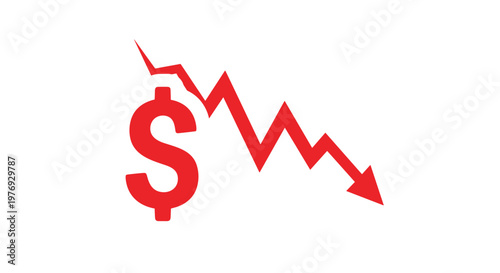A bold red dollar sign stands out against a sharp and jagged downward trending red line graph representing a severe financial crisis or market crash.