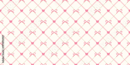 Cute seamless pattern with pink bows and hearts on a cream checkered grid background. Girly coquette aesthetic vector.