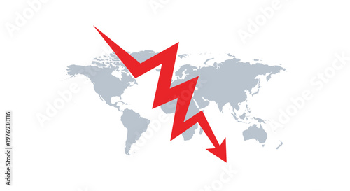 The muted grey world map backdrop highlights a jagged crimson lightning bolt arrow pointing sharply downwards against a clean pale off-white environment.