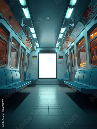 Blank subway billboard mockup in modern train interior, cinematic minimal urban advertising space