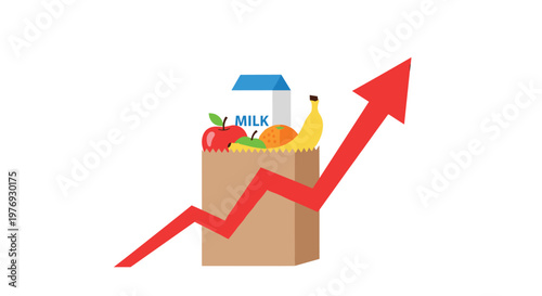 A brown paper grocery bag overflowing with fresh produce and milk cartons displays a vibrant red arrow trending upwards against a soft light beige backdrop.