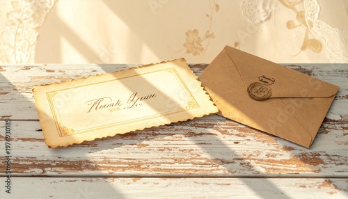 A vintage envelope sealed with wax beside a golden-bordered card reading “Thank you,” placed on lace and floral background, evoking nostalgia, elegance, and the timeless charm of handwritten gratitude