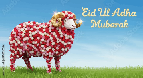 Happy Eid Ul Adha Mubarak Wishes with Decorated Sheep on Green Field