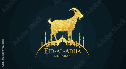 Sparkling Golden Goat Silhouette with Mosque Minarets, an Elegant Design for Religious Holiday Celebrations and Festive Greetings