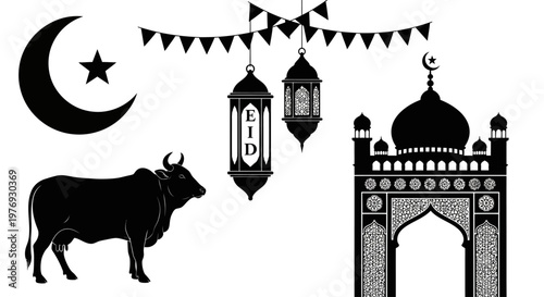 Islamic festival elements vector set crescent moon, star, mosque, lanterns, banners, and sacrifice cow silhouettes for Eid al-Adha cultural celebrations