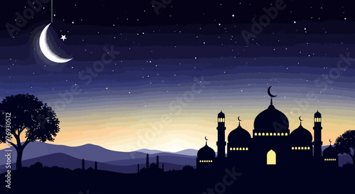 Ramadan Kareem night landscape with mosque and crescent moon