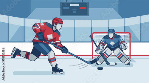 Ice Hockey Player Shooting Puck Against Goalie in Arena