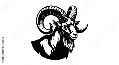 Bold Black and White Ram Head Illustration with Majestic Curled Horns, a Powerful Emblem of Strength and Determination