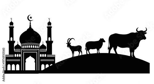 Elegant silhouette of an Islamic mosque with a crescent moon and stars, alongside a goat, sheep, and cow, symbolizing faith and sacrifice