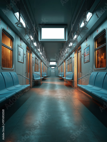 Blank subway billboard mockup in modern train interior, cinematic minimal urban advertising space