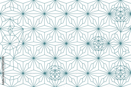 A geometric pattern of interconnected lines and shapes on a white background