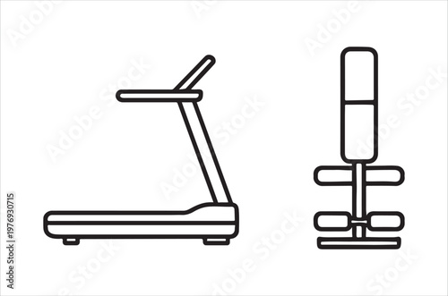 Simple line drawing depicts a treadmill and a vertical abdominal exercise machine high quality professional detailed