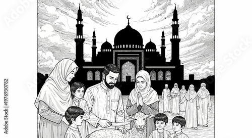 Muslim Family Celebrating Eid al-Adha with Sacrifice and Mosque in Background