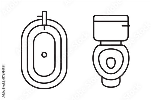 Simple line drawing depicting a top down view of a toilet and a bidet high quality