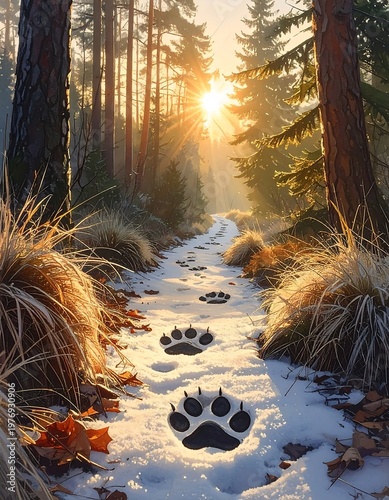A sunlit forest path with animal tracks in the snow, trees lining the route, and golden light