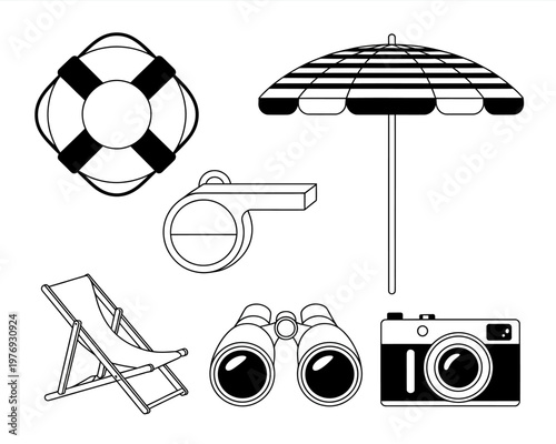 Beach vacation icons including lifebuoy umbrella chair binoculars camera whistle