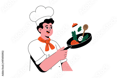 A cheerful cartoon chef cooking with a frying pan and vegetables