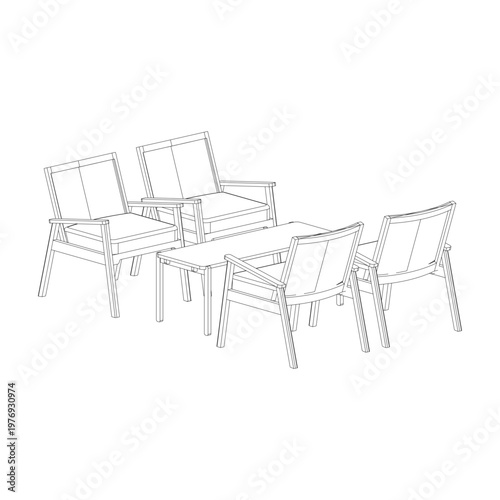 Perspective view of a living room set with four lazy chairs and a rectangular coffee table. Clean line art with depth and dimension, ideal for visualization and presentation.