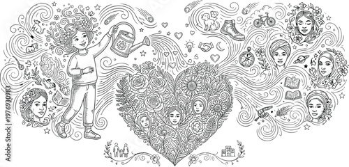 Whimsical line art of girl watering heart shaped garden filled with flowers and diverse women representing kindness global unity and social support.