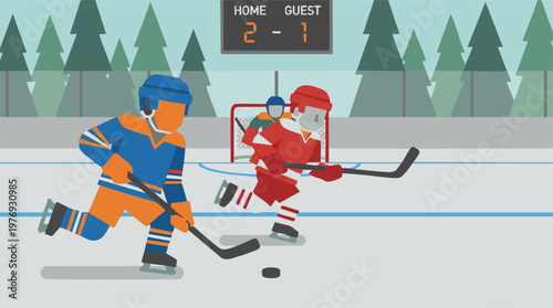 Ice hockey game with players on an outdoor rink, scoreboard, and trees