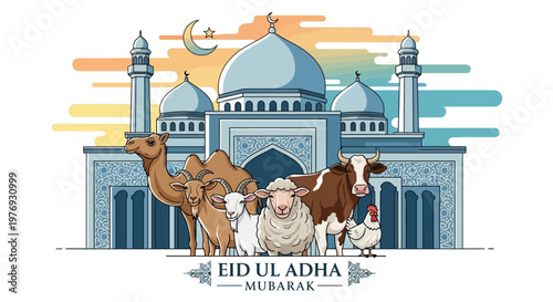Islamic Festival Eid al-Adha Celebration with Animals and Mosque Illustration