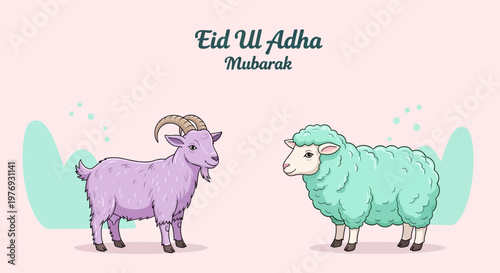 Eid al-Adha Mubarak greeting card with a goat and sheep