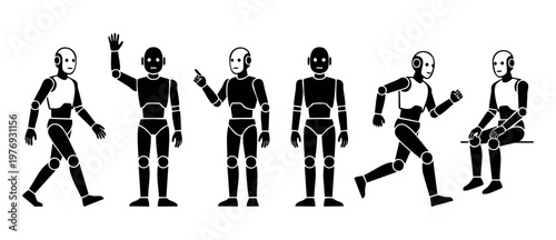Robot character set poses, walking, running, waving and sitting black vector silhouettes. Collection of humanoid android figures in various actions, isolated on white background for technology design.