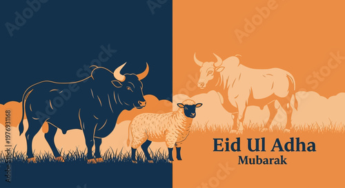 Eid al-Adha livestock illustration on a split-tone background, symbolizing devotion and communal celebration
