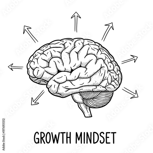 Growth mindset concept with brain and upward arrows in minimalist design