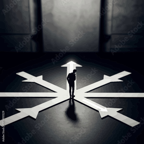 Silhouette of person at crossroads with glowing arrows in dark urban tunnel