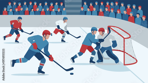 Ice hockey game in arena with players on ice and spectators watching
