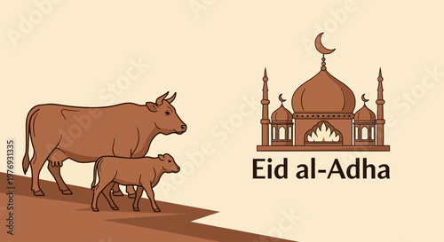 Eid al-Adha celebration with a cow and calf illustration alongside a mosque