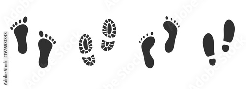 Footprint and shoe print icon set. Shoe sole imprint, silhouette. Human footprints, black foot shape. Traces of human shoes