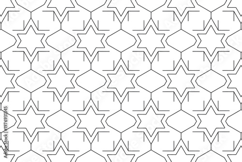 A seamless pattern of intricate star and diamond shapes in black lines on a white background