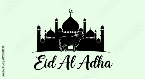 Happy Eid Al Adha Celebration with Mosque and Cow Illustration