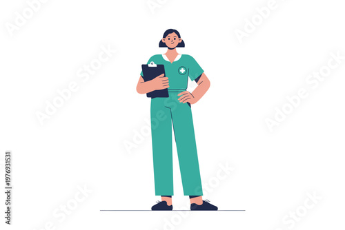 A confident nurse in green scrubs holding a clipboard standing tall