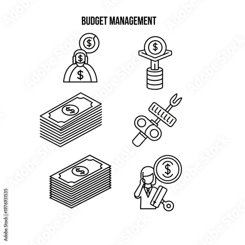 flat design budget management icons with financial planning elements and tools