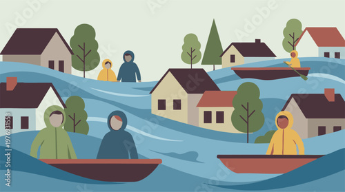 Flooded town and homes, people navigating through water in boats