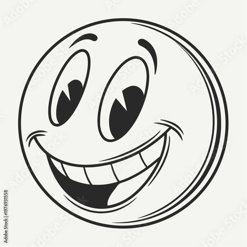 Wide-eyed, toothy black and white cartoon smiley face.

