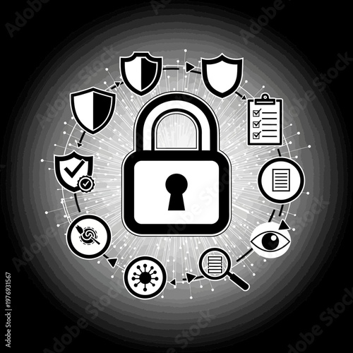 Digital security lock icon with cyber protection symbols on dark tech background
