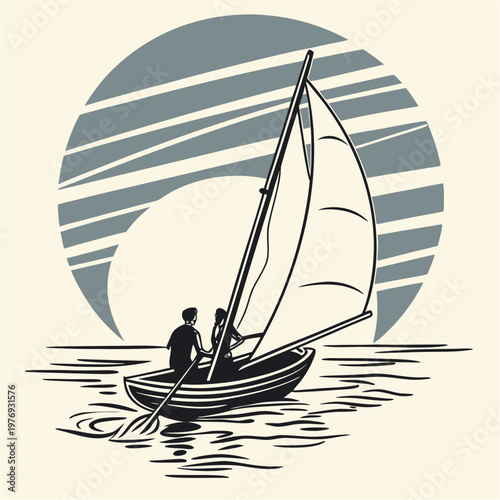 Vintage Sailing Duo Under Striped Sun.

