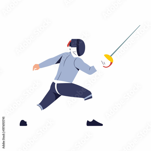 Fencer in action, dynamic pose, lunging with foil, sports illustration, white background