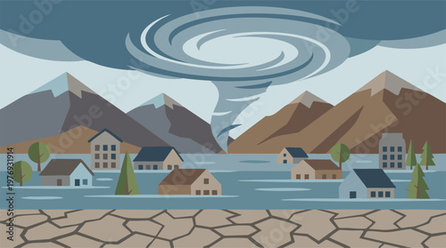 Tornado, Flood, and Drought: Climate Change Impact on Environment Illustration