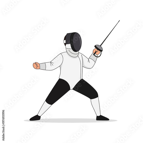 Fencer in action, holding foil, white background, athletic stance, sport illustration