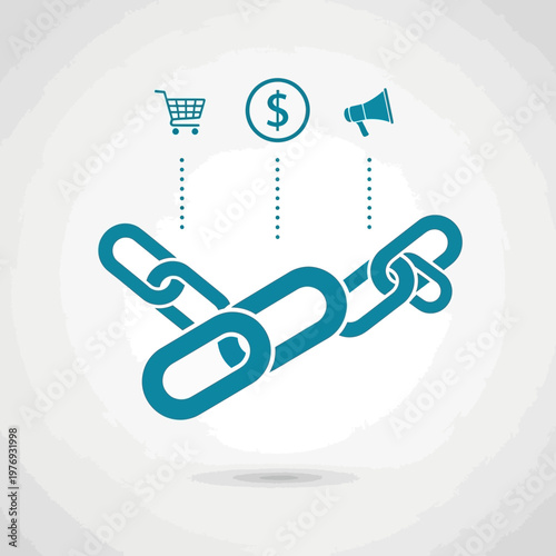 3d chain links connecting shopping cart and dollar sign for ecommerce affiliate marketing
