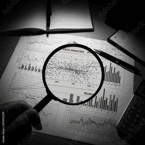 Magnifying glass analyzing financial data charts in black and white for business insights