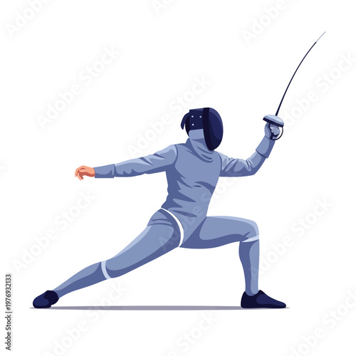 Fencer in action, lunging forward with sword, athletic sport illustration