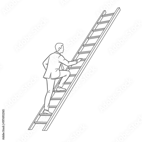 Man climbing ladder in minimalist black and white vector illustration