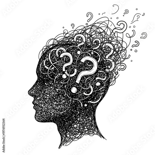 chaotic overthinking concept with tangled thoughts in monochrome sketch style